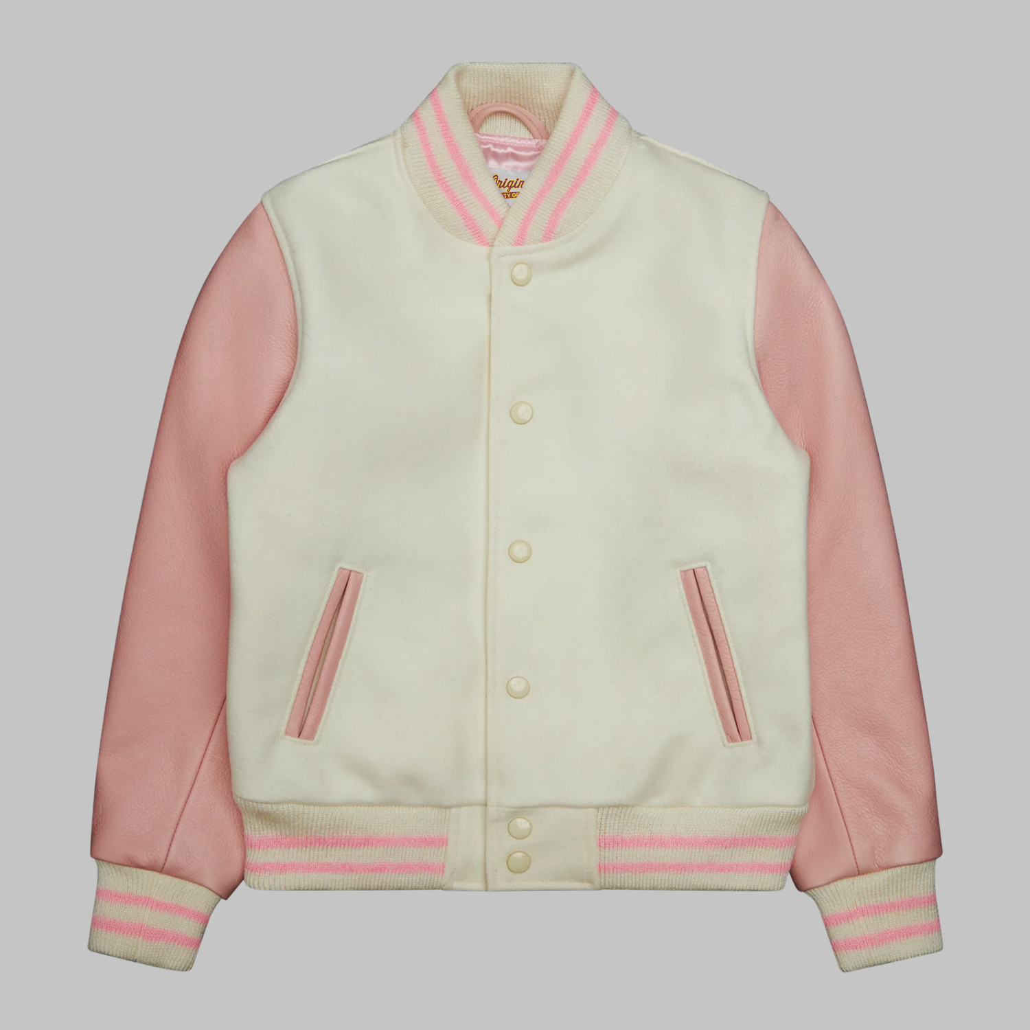 Kids Fit Varsity Jacket – Front View Front view of Kids Fit Varsity Jacket featuring wool body and leather sleeves for youth and school teams