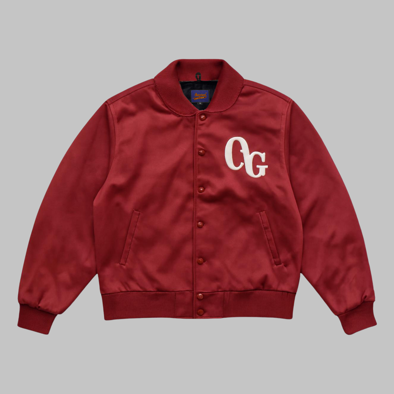 red-satin-jacket-front Red Satin Jacket front view – custom varsity satin letterman jacket with patches