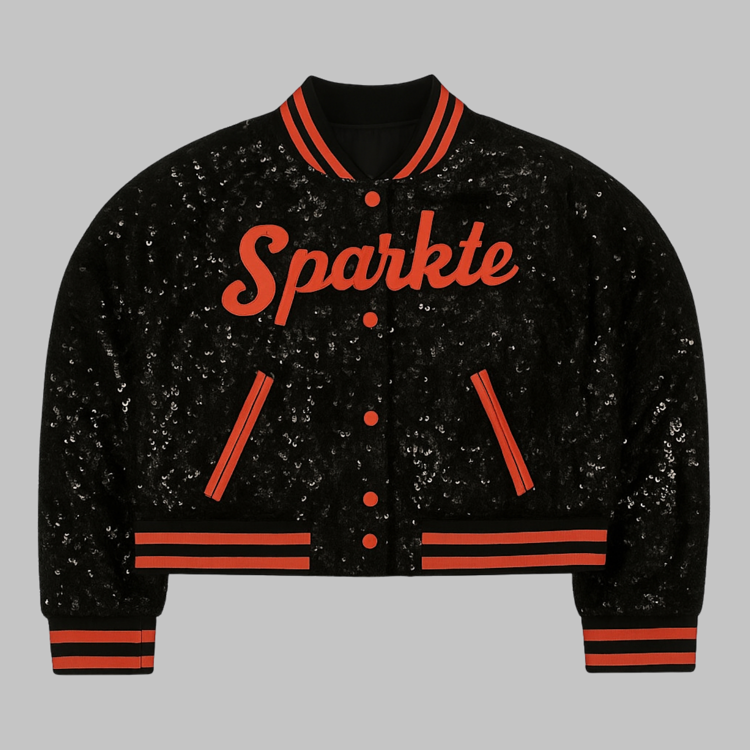 sparkle-cheerleader-crop-front Sparkle Cheerleader Crop Jacket, featuring a black sequin body, vibrant orange trims, and a cropped athletic fit made for cheer and dance teams