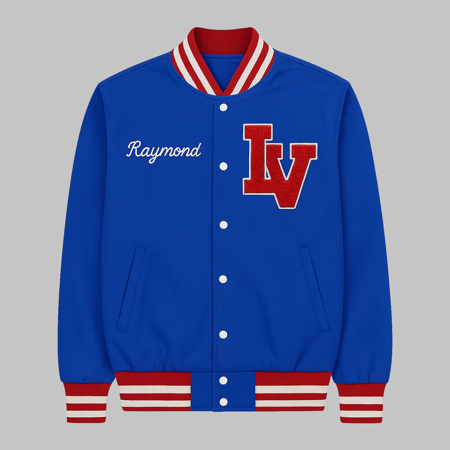 twill-cotton-varsity-jacket-front. Twill cotton varsity jacket front view with custom embroidery and red trim