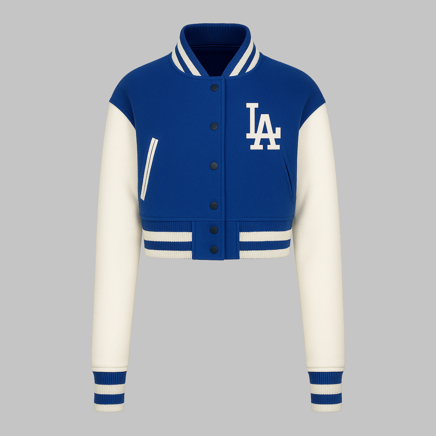 wool-leather-cropped-jacket-front Wool leather cropped varsity jacket front view with custom chenille patches