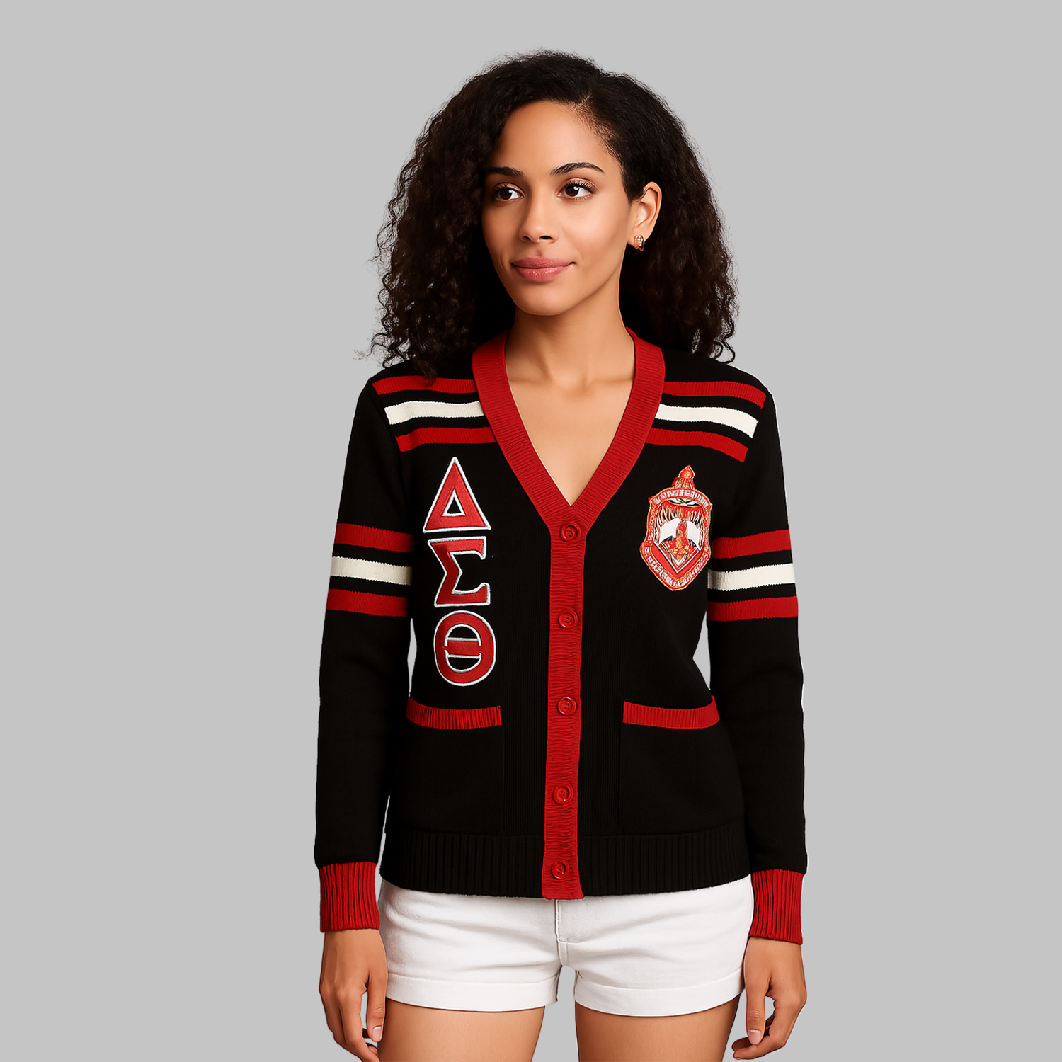 ΔΣΘ Embroidered Varsity Cardigan Black and Red Sorority Cardigan with Chenille Embroidery